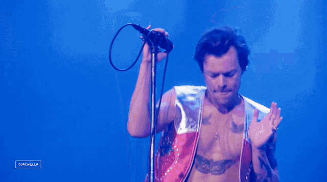 a shirtless man is singing into a microphone on a stage