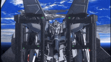 a robot is standing in front of a blue sky