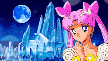 a girl with pink hair is standing in front of a mountain of crystals with a full moon in the background