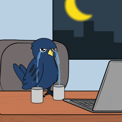 a cartoon of a bird crying in front of a laptop computer