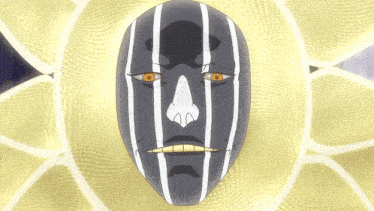 a black and white mask with yellow eyes is surrounded by white circles