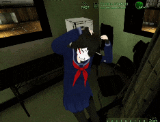 a person in a video game with a red scarf around their neck and a safe in the background