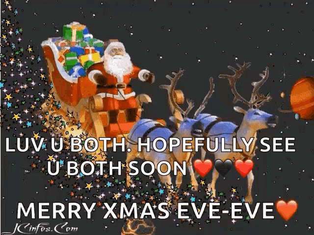 a merry xmas eve eve greeting card with santa and reindeer