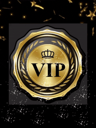 a gold circle with a crown and the word vip