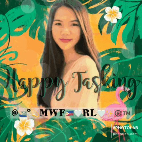 a picture of a woman with the words happy tasking on the bottom