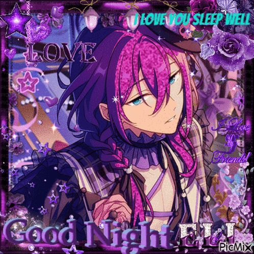 a picture of a purple haired anime character with the words love you sleep well