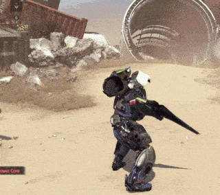 a video game screen shows a robot holding a gun and a power core sign in the corner