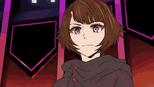 a cartoon girl with brown hair and red eyes stands in front of a purple wall