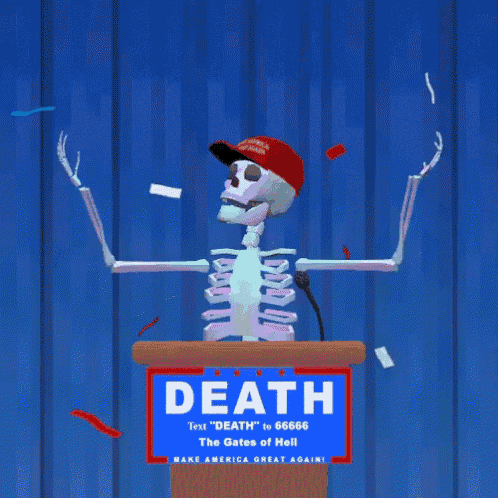 a skeleton is standing at a podium with a sign that says death on it