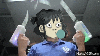a cartoon character is blowing a bubble and holding a pair of knives .