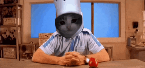 a man wearing a chef 's hat is sitting at a table with his hands folded ..