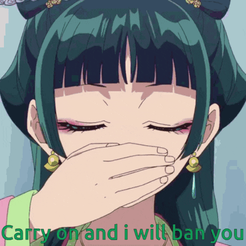 a girl with green hair is covering her mouth with her hand and the words carry on and i will ban you below her