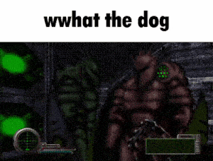 a video game character is standing in a dark room with a green light behind him .