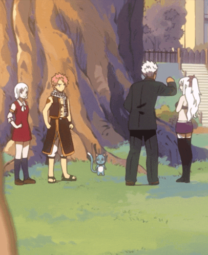 a group of anime characters are standing in a park