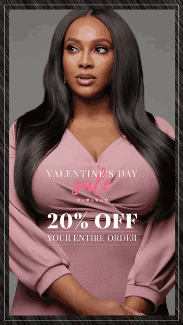 a woman in a pink dress is advertising a valentine 's day sale