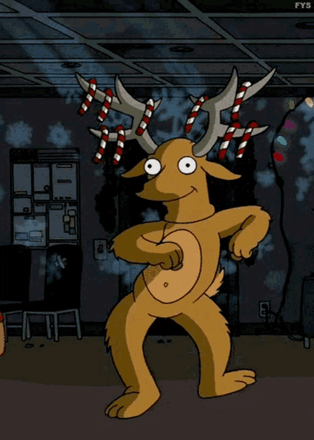 a cartoon of a reindeer with candy canes on his antlers