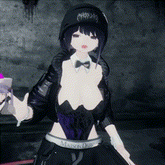 a girl in a tuxedo and bow tie is holding a purple object in her hand .