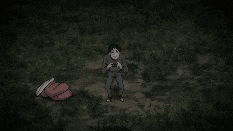 a cartoon of a man playing a video game in the grass