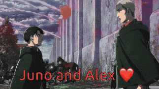 two anime characters standing next to each other with the words juno and alex
