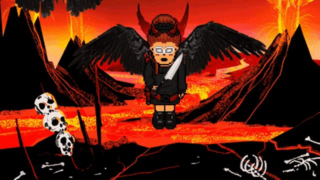 a pixel art drawing of a girl with wings and a knife