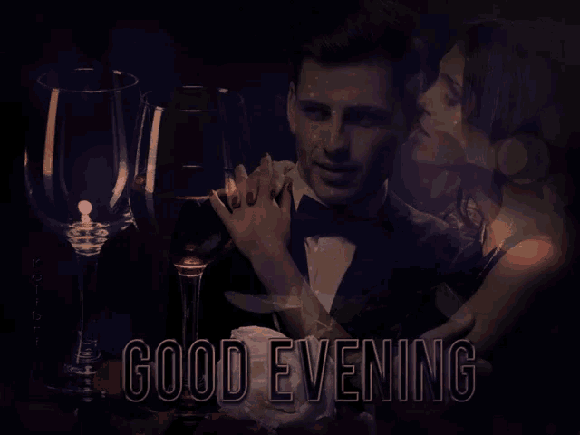 a man in a tuxedo holds a woman 's hand with the words good evening below him
