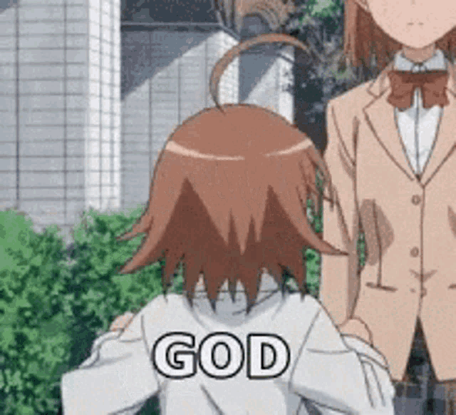 a girl in a suit stands next to a girl in a white shirt that says god on it .