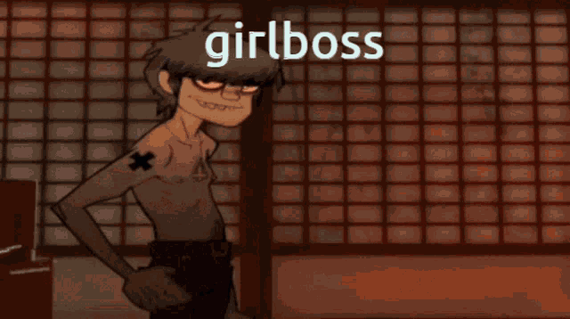a cartoon character is standing in a room with the words girlboss on the screen