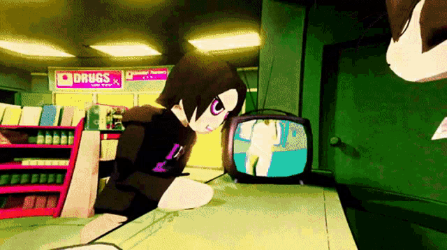 a cartoon character is looking at a television in front of a sign that says drugs