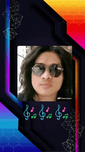 a picture of a man wearing sunglasses is displayed on a colorful background