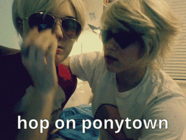a picture of two people with the words hop on ponytown written on the bottom