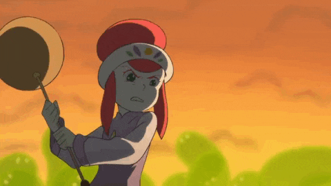 a girl in a red hat is holding a fan with chinese writing on it