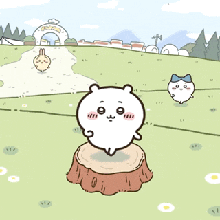 a cartoon of a rabbit standing on a tree stump with two other rabbits