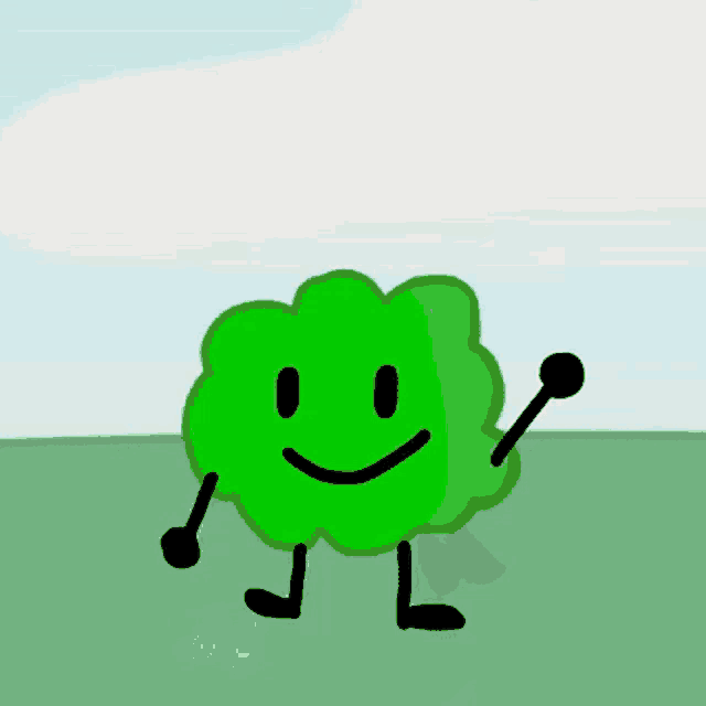 a green cartoon character with a smiling face and arms and legs