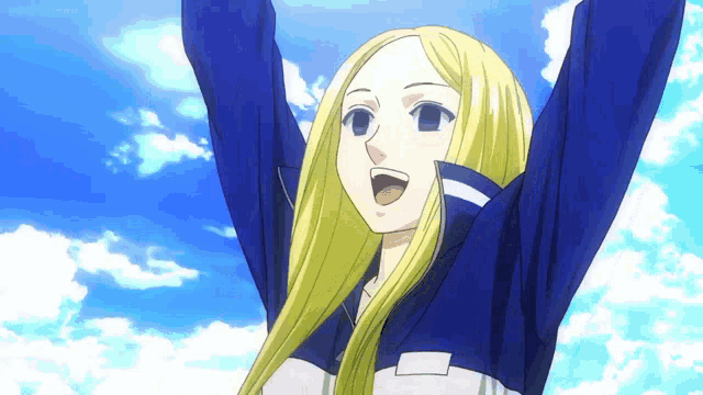 a blonde anime girl in a blue jacket with her arms outstretched