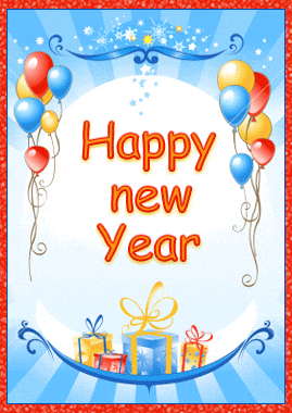 a happy new year greeting card with balloons and gifts