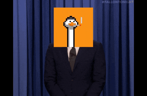 a man in a suit and tie says " sup " with a pixelated penguin on his face