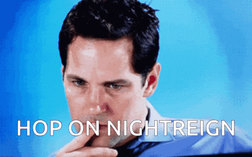 a man with his hand on his chin and the words hop on nightreign written below him