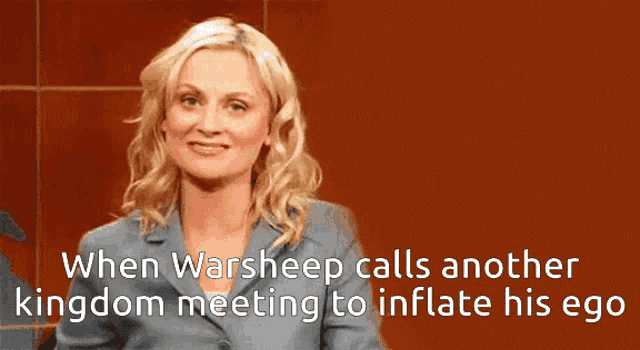 a woman is sitting in front of a red wall with the words when warsheep calls another kingdom meeting