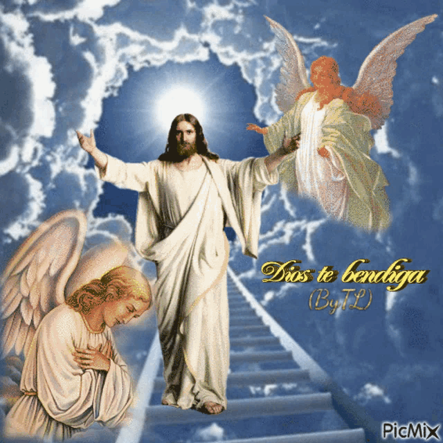 a picture of jesus and two angels with the words dios te bendiga