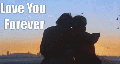 a couple hugging in front of a sunset with the words love you forever above them