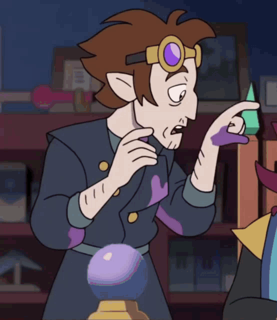 a cartoon character is pointing at a purple object in his hand