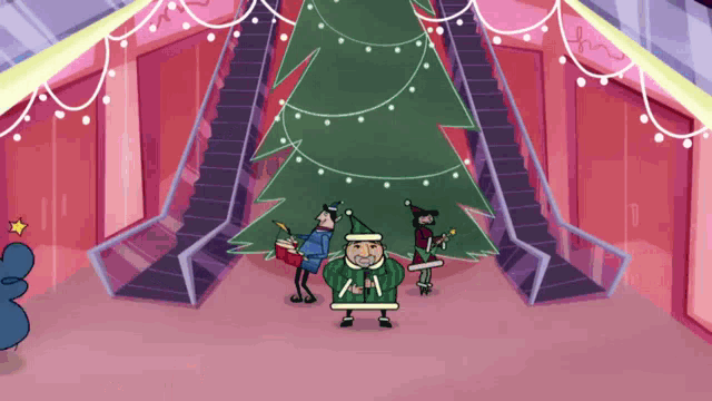 a cartoon of a man in a santa hat standing next to a christmas tree