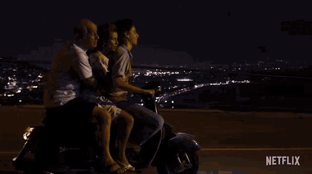 a group of people are riding a scooter with the words " do n't worry mom " written on the bottom