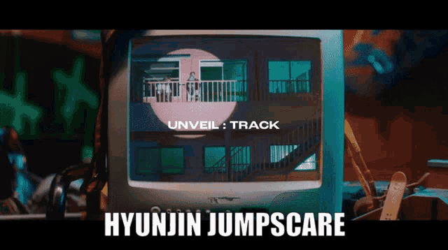 a poster for hyunjin jumpscare has a picture of a house on it