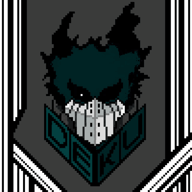 a pixel art of a monster 's face and the word deku