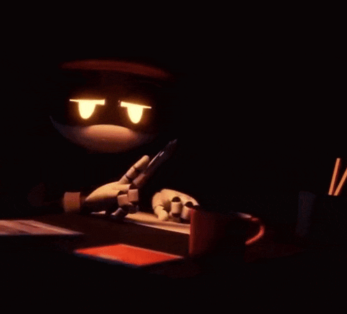 a robot with glowing eyes is sitting at a desk with a cup of coffee