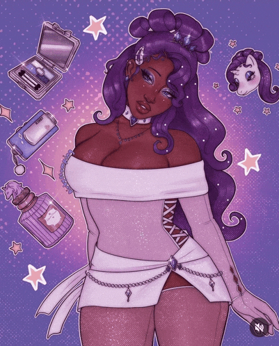 a drawing of a woman with purple hair surrounded by perfume bottles and stars