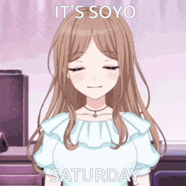 a girl with her eyes closed and the words it 's soyo saturday above her