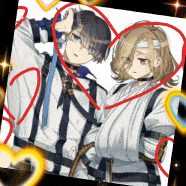 a picture of a boy and girl with hearts around them