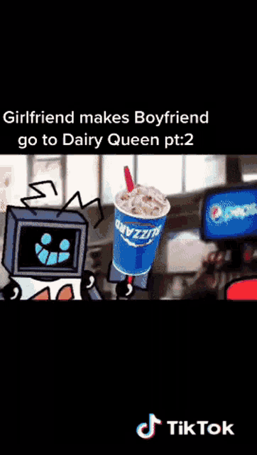 a cartoon character with the words girlfriend makes boyfriend go to dairy queen pt.2